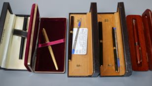 A cased Dunhill fountain pain and ballpoint pen, one other cased Dunhill pen, a cased Parker pen,
