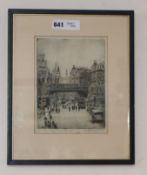 W. Sidney Law, etching, London street scene, signed in pencil 20 x 16cm