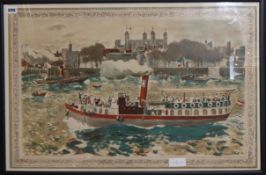 Edwin La Dell, colour lithograph, Paddle steamer passing the Tower of London 51 x 78cm