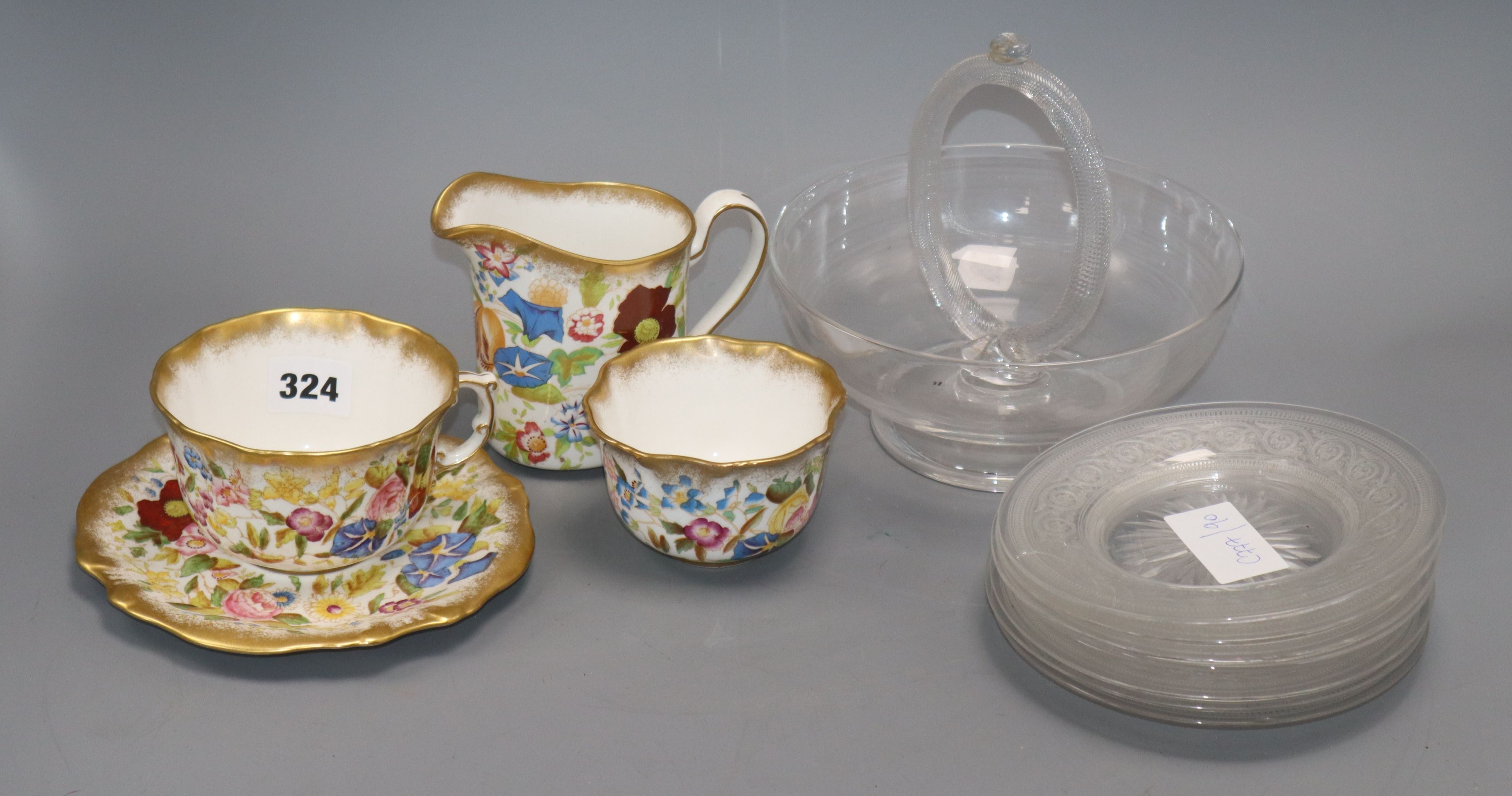 A Victorian glass dish, six glass side dishes and a Hammersley bone china breakfast set