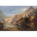 A 19th century English School oil on panel, figures in a Rhine landscape 18 x 26cm unframed