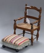 A Victorian miniature ladderback chair and an upholstered footstool chair height 18cm