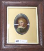 An Edwardian reverse print on glass of a child 13 x 10cm