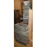 Ten vintage galvanised containers W.54cm