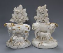 A pair of Derby white and gilt cow and calf groups, c.1810-30, 14.5cm, cf. DG Rice English Porcelain