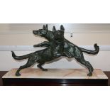 An Art Deco spelter group of a pair of dogs, on marble base, length 65cm