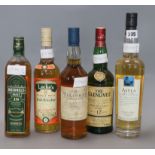Five bottles of whisky: Talisker Malt, Bushmills Irish Malt, The Glenlivet, Asyla blended Scotch