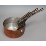 A graduated set of five graduated copper saucepans