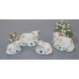 Four Derby figures of sheep, late 18th/early 19th century, three with patch marks, 4.5-9cmProvenance