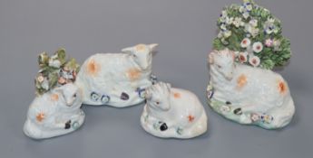 Four Derby figures of sheep, late 18th/early 19th century, three with patch marks, 4.5-9cmProvenance