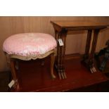 A Victorian dressing stool and a nest of yew occasional tables W.51cm and 50cm