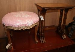 A Victorian dressing stool and a nest of yew occasional tables W.51cm and 50cm