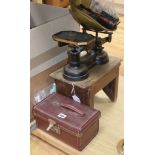 A pair of brass and iron kitchen scales, stool, brush and two fire irons and a green cloth