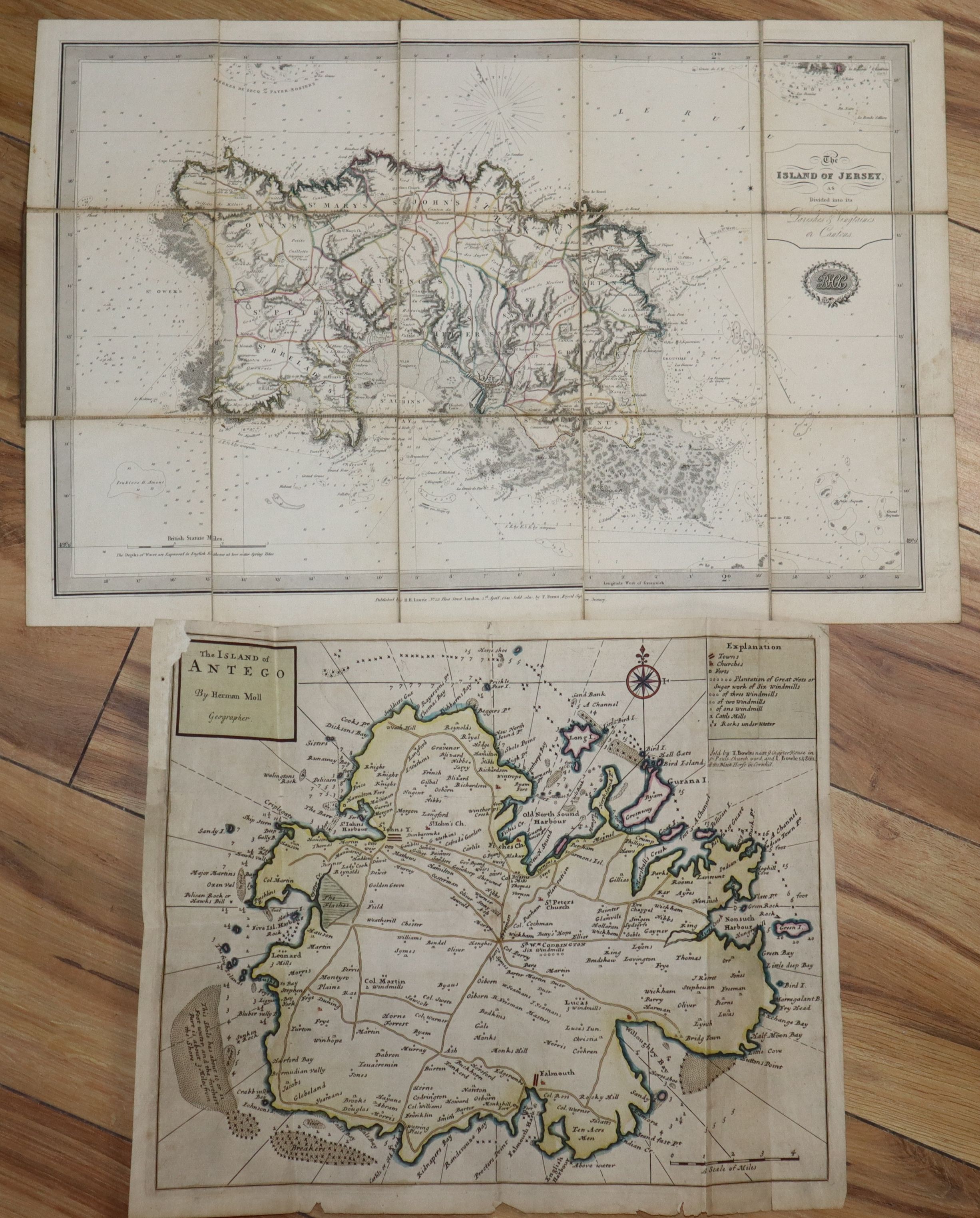 Hermon Moll map of Antego (Antigua) c.1732 and a map of Jersey published by R H Laurie, 1842