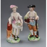 A pair of Derby figures of Gardeners, late 18th century, incised marks 'no.7 sire' and '2 sire',