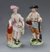 A pair of Derby figures of Gardeners, late 18th century, incised marks 'no.7 sire' and '2 sire',