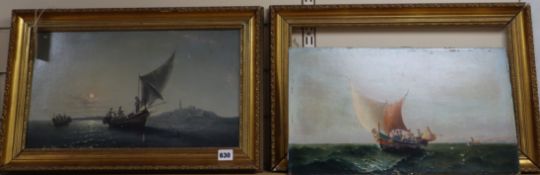 Late 19th century Neopolitan School, pair of oils on millboard, fishing boats off the coast by day