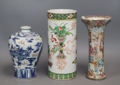 A Chinese famille verte vase and two others tallest 25.5cm