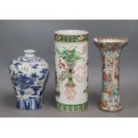 A Chinese famille verte vase and two others tallest 25.5cm