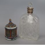 An etched Dutch decanter and a filigree and jewelled box