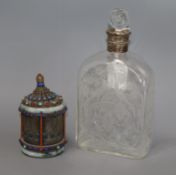 An etched Dutch decanter and a filigree and jewelled box