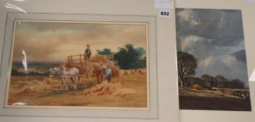 English School, circa 1900, watercolour, loading a hay cart, Rowland Hilder, colour print, Home Farm