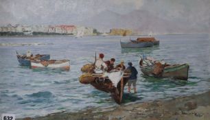 Neopolitan School, oil on canvas, Fishing boats along the coast, indistinctly signed 30 x 50cm
