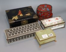 A collection of six small boxes, including an Indian and ebony mosaic inlaid sandalwood box