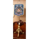 A Victorian giltwood pole screen, armorial beadwork banner W.45cm