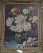 English School, oil on canvas, Still life of peonies in a vase, indistinctly signed 48 x 38cm