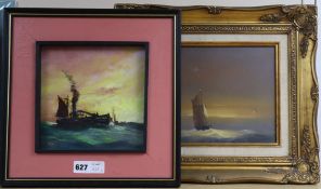 Mike Furse, oil on canvas, Ship at sea, and a small oil on panel of a trawler 20 x 24cm and 20 x