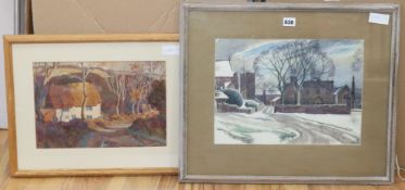 F. L. Stark, watercolour, Snow at Thurstaston, signed 1947 exhibition label verso and J.E. Mace,