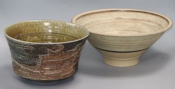 A studio pottery jardiniere and a bowl