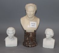 A 19th century French carved marble bust of Dante and two Parian busts - Mozart and Beethoven