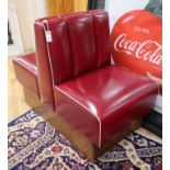 An American Diner red leatherette double seat W.63cm