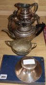 A silver inkwell, a set of spoons and a collection of silver plate