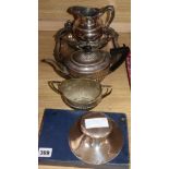 A silver inkwell, a set of spoons and a collection of silver plate