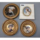 Three German porcelain circular miniature plaques, painted with ladies and an ivory framed miniature