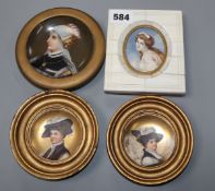 Three German porcelain circular miniature plaques, painted with ladies and an ivory framed miniature