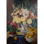 Morel, oil on canvas, Still life of flowers and fruit on a table top, signed 90 x 64cm