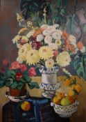 Morel, oil on canvas, Still life of flowers and fruit on a table top, signed 90 x 64cm