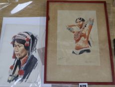 M. Hoskin, three watercolours, Studies of Native American Indians largest 24 x 17cm