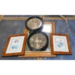 A maple-framed mirror and two pairs of prints mirror overall 53 x 40cm