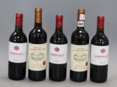 Two bottles of Chateau La Matheline 2013 Fronsac together with three bottles of Bordeaux Fontagnac