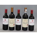 Two bottles of Chateau La Matheline 2013 Fronsac together with three bottles of Bordeaux Fontagnac