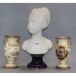 A biscuit bust of a lady, signed C. Tharaud, Limoges France and pair of Continental porcelain vases