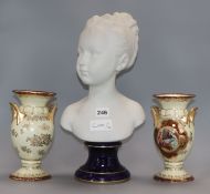 A biscuit bust of a lady, signed C. Tharaud, Limoges France and pair of Continental porcelain vases