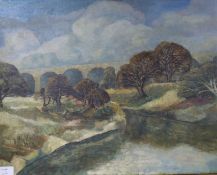 Leslie Woollaston, oil on canvas, The Viaduct, exhibition label verso 40 x 51cm unframed