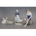 Two Royal Copenhagen figures and a Lladro swan group, 'Follow Me'