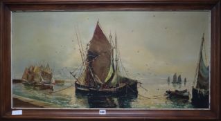 Le Guillow, oil on canvas, Fishing boats in harbour, signed 48 x 98cm